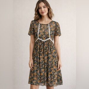 Sheer Floral Olive Overlay Dress Size Small Autumn Gauze Layering Tunic